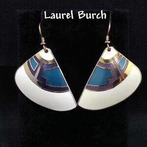 Laurel Burch White Purple Blue Enamel Fan Earrings, Gold Plated Cloisonne, 1980s